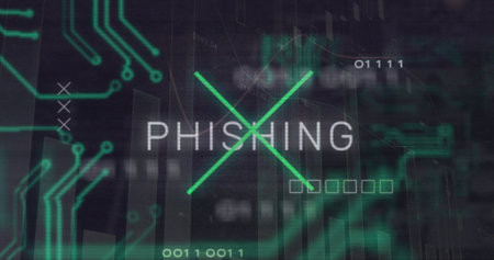 Image of phishing text over computer circuit board and data processing. Global online security, computing and data processing concept digitally generated image.の写真素材