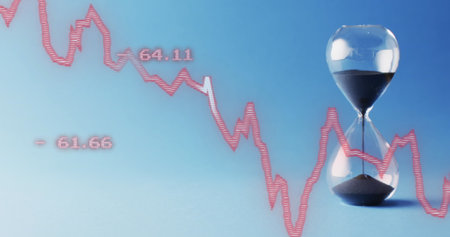 Image of red line and financial data processing over hourglass. Global business, finances, computing...
