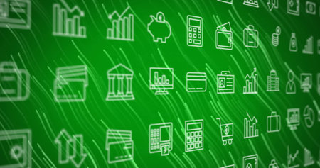 Image of multiple application icons and white lines moving against green background. Digitally generated, hologram, illustration, report, business, education and technology concept.の写真素材