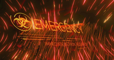 Image of biological hazard sign, emergency immediate action required text on abstract pattern. Digitally generated, hologram, illustration, symbol, danger, alertness and radiation concept.の写真素材