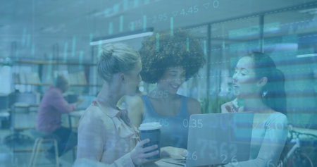 Image of financial data processing over diverse business people in office. Global business, finance, connections, computing and data processing concept digitally generated image.の写真素材