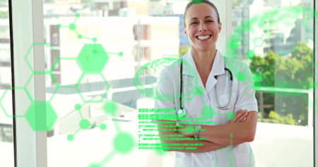 Image of scientific data processing over smiling caucasian female doctor. Global research, medicine, science, computing and data processing concept digitally generated image.の写真素材