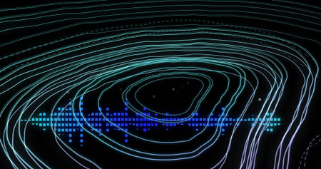 Image of circular pattern and sound wave against black background. Digitally generated, hologram, illustration, illuminated, equalizer, spectrum, abstract and technology concept.の写真素材