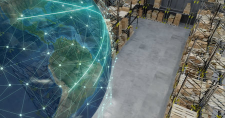 Image of globe of connections over warehouse. Global shipping, business, finances, computing and data processing concept digitally generated image.の写真素材