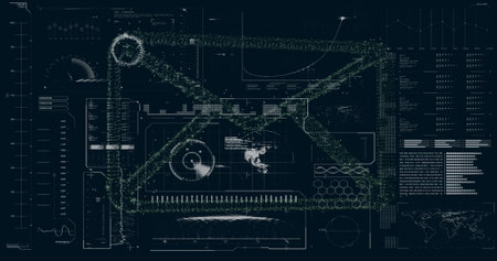 Image of financial data processing over black background. Global finance, business, connections, computing and data processing concept digitally generated image.の写真素材