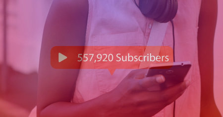 Image of subscribers text with growing number over african american woman using smartphone. Social...