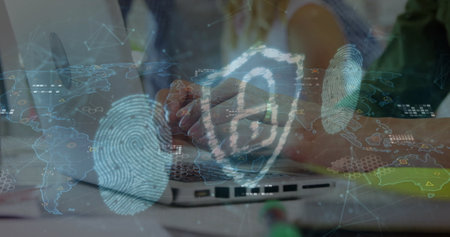 Image of shapes, padlock and fingerprint over diverse business people using laptops in office....