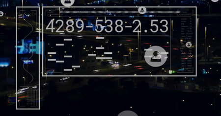 Image of people icons and data processing over cityscape. Global connections, computing and data processing concept digitally generated image.の写真素材