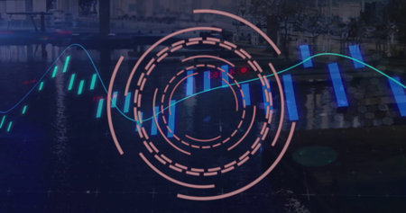 Image of statistics and data processing over cityscape. Global connections, computing and data...