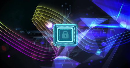 Image of padlock icon with computer circuit board over light trails on black background. Global...
