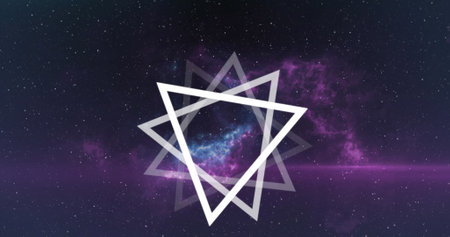 Image of multiple white triangles spinning on seamless loop over glowing pink light trails. colour, repetition and movement concept digitally generated image.の写真素材