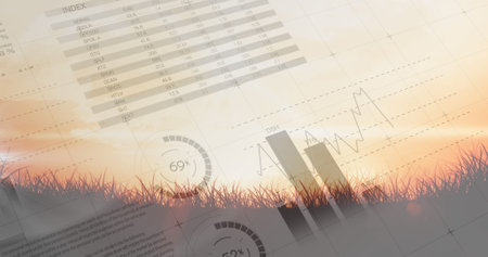 Image of statistics and data processing over airplane taking off and field. global shipping, transport and travel concept digitally generated image.の写真素材