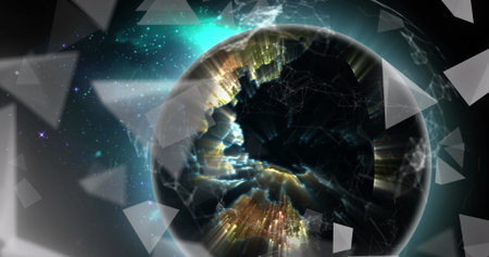 Image of 3d triangles and connected dots with rotating globe over abstract background. Digitally...