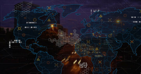 Image of data processing over cityscape. Global connections, computing and data processing concept...