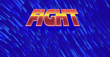 Image of fight text over neon pattern. Global image game, digital interface, communication, computing and data processing concept digitally generated image.の写真素材