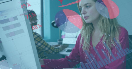 Image of data processing over caucasian businesswoman working in office. Global business, computing, digital interface and data processing concept digitally generated image.の写真素材