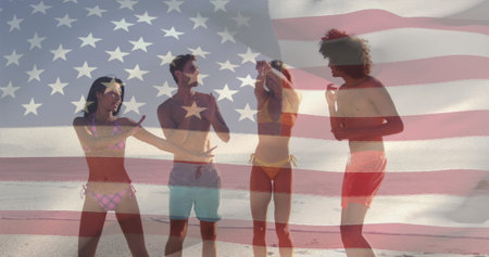 Composite image of waving usa flag over two diverse couples dancing and enjoying at the beach. Partriotism, yoga and health wellness conceptの写真素材