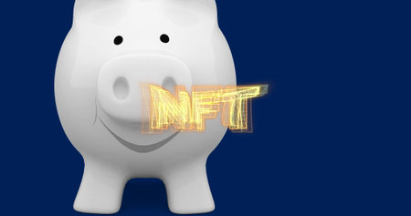 Image of piggy bank over nft on navy background. Finance, economy, savings and digital resources concept digitally generated image.の写真素材