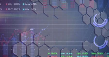 Image of data processing over dark background. global science, connections, data processing and digital interface concept digitally generated image.の写真素材
