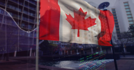 Image of data processing over flag of canada and cityscape. Global business and digital interface concept digitally generated image.の写真素材