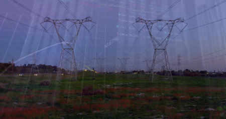 Image of financial graphs and data over electricity poles at sunset. Energy, electricity, finance and economy concept digitally generated image.の写真素材