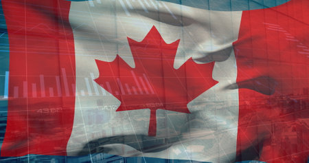 Image of statistical data processing over canada flag against aerial view of cityscape. Global finance and business technology conceptの写真素材