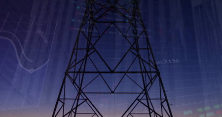 Image of data processing over pylon. Global business and digital interface concept digitally generated image.の写真素材