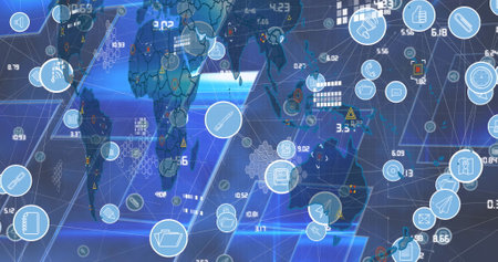 Image of media icons and world map over blue background. Global business and digital interface...