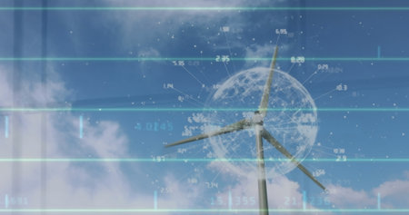 Image of globe with data processing over wind turbine in countryside. Global environment, green...