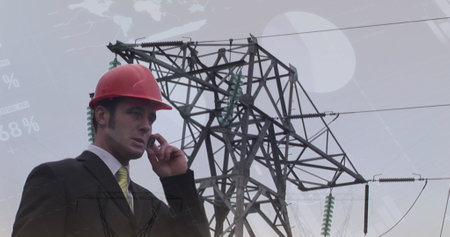 Network of connections and network of connections over digital man wearing vr headset. Global...