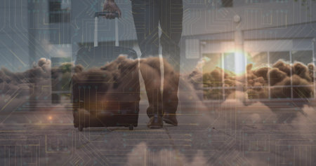 Image of network of connections over legs of businessman and clouds. Business, network, connections and technology concept digitally generated image.の写真素材