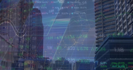 Image of graphs and financial data over office buildings. Business, finance, economy and technology...