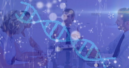 Image of shapes and dna strand over diverse business people in office. Global business and digital interface concept digitally generated image.の写真素材