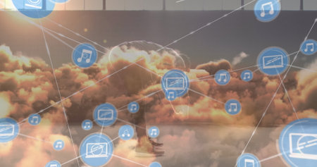 Image of network of connections over african american man exercising and clouds. Sport, fitness and technology concept digitally generated image.の写真素材