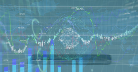Image of data processing over smartphone. Global business and digital interface concept digitally...