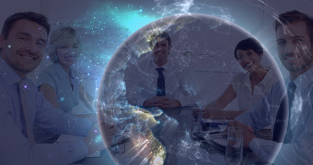Image of globe and shapes over diverse business people in office. Global business and digital interface concept digitally generated image.の写真素材