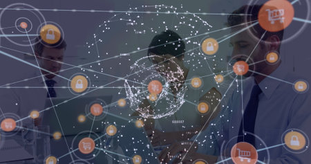 Image of network of connections over businesswoman wearing face businesswoman wearing face headsets. Global connections digital interface technology and networking concept digitally generated image.の写真素材