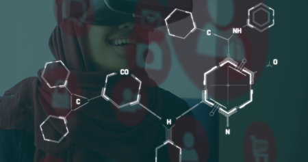 Image of chemical formulas over middle eastern woman in vr headset. Business, science and technology concept digitally generated image.の写真素材