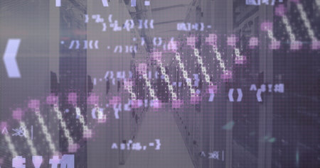 Image of dna strand and data processing over computer server room. Global communication, medical...