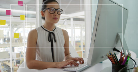 Image of financial data processing over businesswoman. Global business, finance, computing and data processing concept digitally generated image.の写真素材