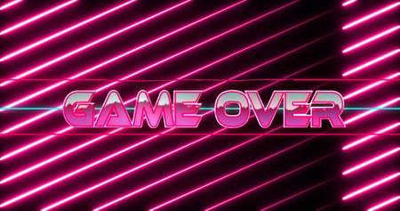 Image of game over text in white letters over purple moving red light trails. image game entertainment and digital interface concept digitally generated image.の写真素材
