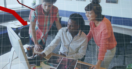 Image of statistical data processing over group of colleagues discussing together at office. Business data technology conceptの写真素材