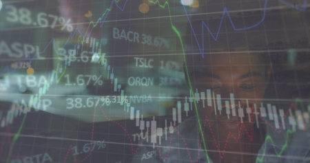 Image of financial data processing over man working in office. Global computing, finance, business...