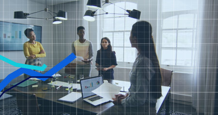 Image of data processing over diverse business people in office. Global business and digital interface concept, digitally generated image.の写真素材