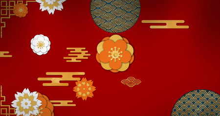 A composite of a red background with illustrations of flowers and shapes. digitally generated image of a winter scene, fairy lightsの写真素材