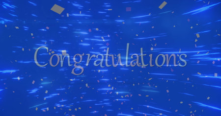 Image of confetti falling and light trails over congratulations text on blue background. Christmas, tradition and celebration concept digitally generated image.の写真素材