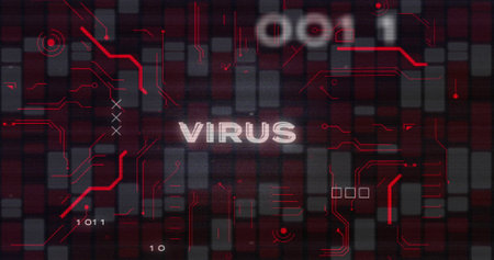 Image of virus text, circuit board texture, binary codes over red and white bars in background. Digitally generated, hologram, danger, coding, machine learning and technology concept.の写真素材