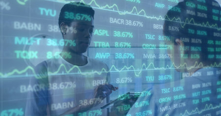 Image of financial data processing over diverse business people in office. Global business, finance,...