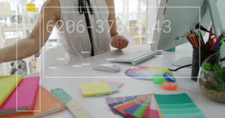 Image of financial data processing over businesswoman. Global business, finance, computing and data...
