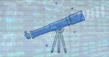 Image of stock market data processing over telescope icon against white lined paper. Global economy...